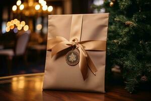 AI generated Christmas gift box with gold ribbon on the background of the Christmas tree photo