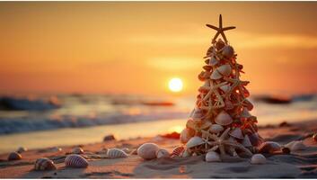 AI generated Christmas tree made of seashells on the beach at sunset. photo