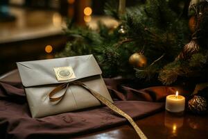 ai generado Navidad regalo caja con oro cinta en el antecedentes de el Navidad árbol foto