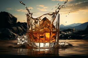 ai generado vaso de whisky con hielo en el antecedentes de montañas y puesta de sol. foto