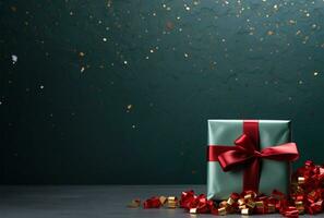 AI generated Gift box with red ribbon on dark background. Christmas and New Year concept. photo