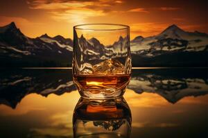 ai generado vaso de whisky con hielo en el antecedentes de montañas y puesta de sol. foto