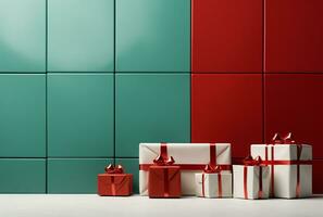 AI generated Gift box with red ribbon on dark background. Christmas and New Year concept. photo