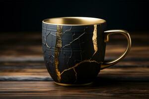 ai generado café taza con roto vaso en un de madera mesa. 3d representación foto