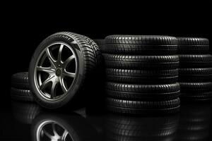 AI generated Car tires on a black background. 3d illustration. Elements for design. photo