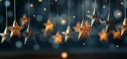 ai generado Navidad y nuevo año Días festivos antecedentes con plata y oro estrellas en bokeh antecedentes. foto