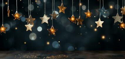 AI generated Christmas and New Year holidays background with silver and gold stars on bokeh background. photo