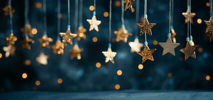 AI generated Christmas and New Year holidays background with silver and gold stars on bokeh background. photo