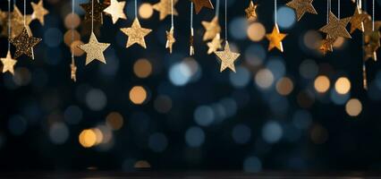 ai generado Navidad y nuevo año Días festivos antecedentes con plata y oro estrellas en bokeh antecedentes. foto