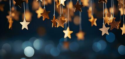 AI generated Christmas and New Year holidays background with silver and gold stars on bokeh background. photo