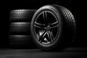 AI generated Car tires on a black background. 3d illustration. Elements for design. photo