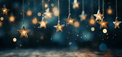 ai generado Navidad y nuevo año Días festivos antecedentes con plata y oro estrellas en bokeh antecedentes. foto