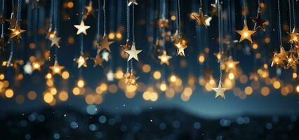 ai generado Navidad y nuevo año Días festivos antecedentes con plata y oro estrellas en bokeh antecedentes. foto