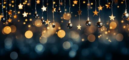 AI generated Christmas and New Year holidays background with silver and gold stars on bokeh background. photo