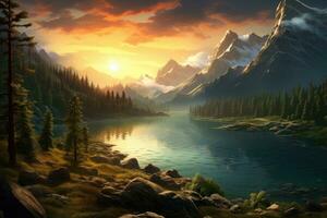 AI generated Fantasy landscape with mountains, river and sunset. Digital painting, Beautiful lake landscape with green trees, mountains, and a sunset, AI Generated photo