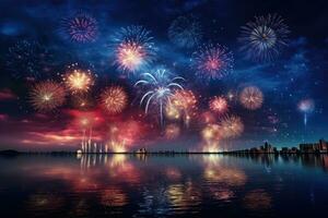 AI generated Colorful fireworks with reflection on water, happy new year celebration background, Beautiful fireworks display for celebration night, AI Generated photo