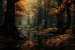 AI generated Fantasy landscape with river in the autumn forest. 3D rendering, autumn in the park, AI Generated photo