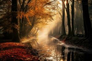 ai generado otoño paisaje con un banco en el parque en un brumoso día, otoño en el parque, ai generado foto