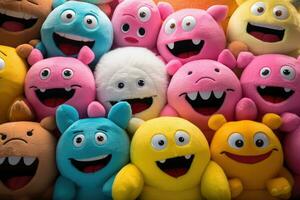 AI generated Group of colorful funny smiley faces. Close-up. Selective focus, Assortment of colorful stuffed plush toys, AI Generated photo