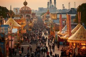 AI generated Unidentified people on the fairground rides in Munich, Germany, Beer tents and fairground rides on the Oktoberfest in Munich, AI Generated photo
