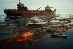 ai generado un enorme Embarcacion es flotante en un mar. 3 re ilustración, un petróleo derrame en el océano, petrolero en el atrás, ai generado foto