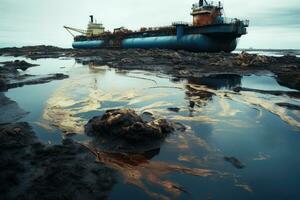 ai generado un enorme oxidado Embarcacion es flotante en el mar, un petróleo derrame en el océano, petrolero en el atrás, ai generado foto