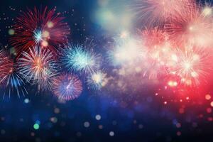 AI generated Colorful fireworks with bokeh effect on dark blue sky background, Beautiful firework display for celebration with blurred bokeh light, AI Generated photo