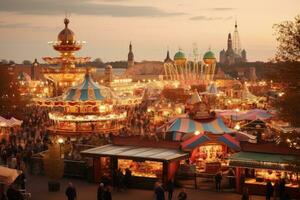 ai generado no identificado personas a el justa en Munich, Alemania. Munich es el capital y mas grande ciudad de Alemania, cerveza carpas y recinto ferial paseos en el Oktoberfest en Munich, ai generado foto