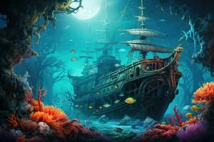 AI generated Tropical underwater scene with a ship, coral and fish, Beautiful underwater world with an old shipwreck, coral, and fish, AI Generated photo