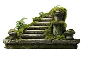 AI generated Stone stairs with plants and grass isolated on white background. photo