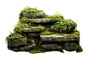 AI generated Stone stairs with plants and grass isolated on white background. photo