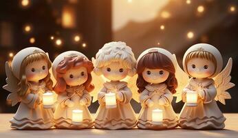 AI generated Christmas nativity scene with little angels and candles. photo