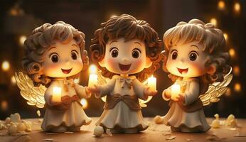 AI generated Christmas nativity scene with little angels and candles. photo