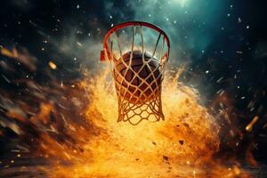 ai generado baloncesto en fuego. mezclado medios de comunicación. mezclado medios de comunicación. mezclado medios de comunicación, baloncesto en cesta, victorioso disparo, ai generado foto