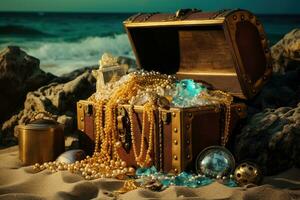 AI generated Treasure chest full of jewelry on the beach. Vintage style, An open treasure chest filled with gold and jewelry on the beach, AI Generated photo