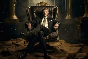 AI generated Handsome young man in classic suit sitting in an armchair, Billionaire business person, AI Generated photo