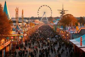 ai generado personas en el recinto ferial a atardecer, cerveza carpas y recinto ferial paseos en el Oktoberfest en Munich, ai generado foto