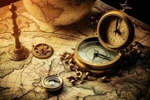 AI generated compass and map. world map and compass. compass with map, An old compass, telescope, and coins on an antique world map, AI Generated photo