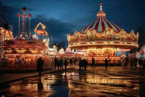 AI generated Unidentified people on the fairground rides at the Oktoberfest in Munich, Germany, Beer tents and fairground rides on the Oktoberfest in Munich, AI Generated photo