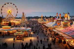 ai generado un ver de el recinto ferial paseos a el recinto ferial a atardecer, personas a el Oktoberfest en Munich, cerveza carpas y recinto ferial paseos en el Oktoberfest en Munich, ai generado foto