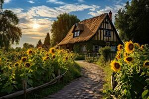 AI generated Sunflowers in front of a half-timbered house, A charming, rustic countryside with thatched cottage and rows of sunflowers, AI Generated photo