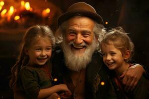 ai generado retrato de sonriente mayor hombre y hija en el bosque, un mayor hombre y su nietos son contento juntos, ai generado foto