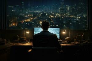 AI generated Back view of young businessman sitting at table in office and looking at night city, Back view of a businessman engaged in computer work within a dark office, Mixed media, AI Generated photo