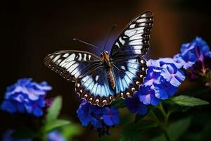 ai generado mariposa en azul flores en el jardín. cerca arriba, hermosa mariposa encaramado en un azul flor, ai generado foto