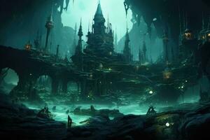 AI generated Fantasy landscape with ancient temple in the dark. 3d rendering, An underwater city where marine creatures and humans coexist, AI Generated photo