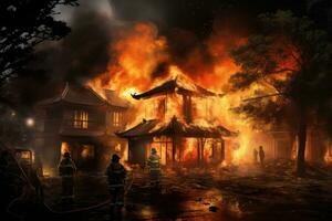 ai generado bomberos extinguir un fuego en un templo durante un fuego, asiático casa en fuego, y bomberos son trabajando a detener el fuego, ai generado foto