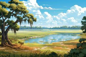 AI generated Illustration of a beautiful landscape with a lake and a cypress tree, Beautiful savannah landscape view on a sunny day, AI Generated photo