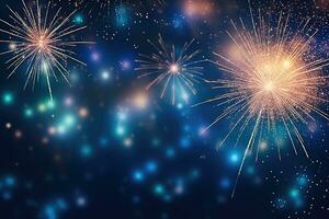 AI generated Colorful fireworks with bokeh effect on dark blue sky background, Beautiful firework display for celebration with blurred bokeh light, AI Generated photo