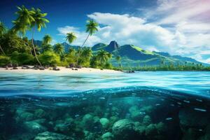 AI generated Tropical island with palm trees and sand. Seascape, Beautiful tropical island landscape view on a sunny day, AI Generated photo