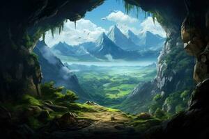 AI generated Fantasy alien planet. Mountain and lake. 3D illustration, Beautiful mountaintop landscape view from a large cave, AI Generated photo